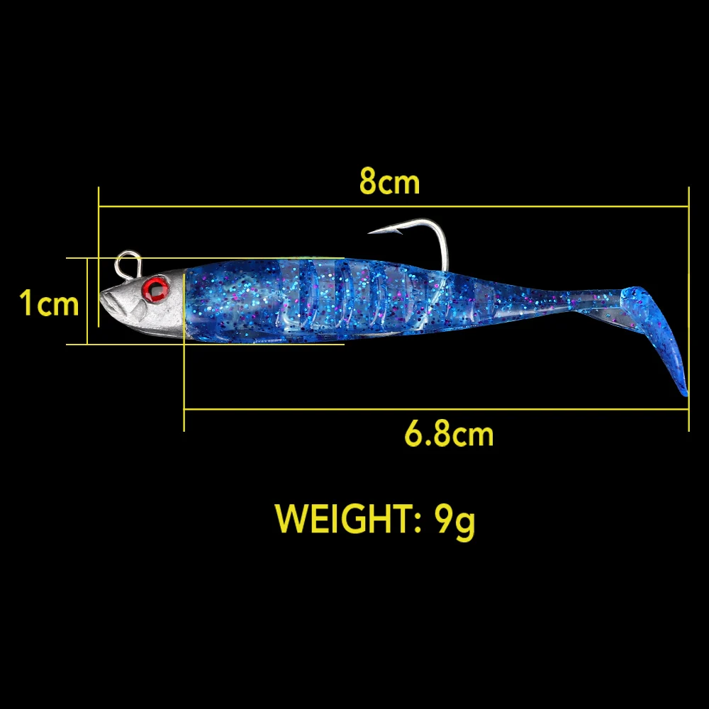 DAGEZI señuelo de pesca suave, anzuelo de cabeza de plantilla de cola en T, cebo Artificial suave, lubina Swimbait de aparejos de pesca de agua salada, 8cm/8,5g - imagen 2