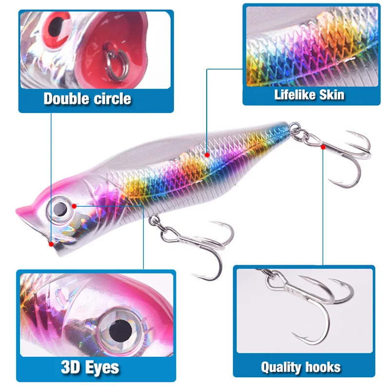 Señuelos de Pesca Popper, 9cm, 17g, cebo duro Artificial, de plástico con anzuelos triples Wobblers, Pesca aparejos de Pesca en el mar, 1 Uds.