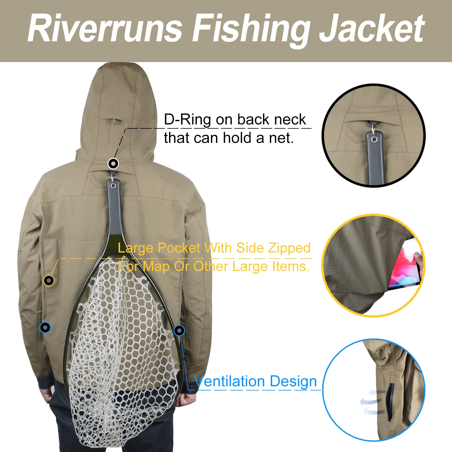 Aventik-Chaqueta de pesca transpirable para hombre, impermeable, para exteriores, ropa de pesca, senderismo, Kayak y caza - imagen 3