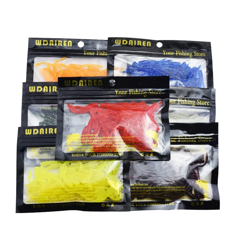 50 unids/lote de señuelos blandos de gusano rojo, 4,5 cm, pesca de lubina, olor a pescado, lombriz de tierra realista con sal, cebo Artificial de silicona, aparejos de carpa