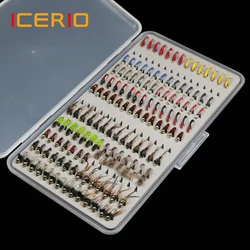 ICERIO 133 unids/set ultrafino portátil Ninfa Scud Midge moscas Kit surtido con caja pesca de trucha señuelos con mosca
