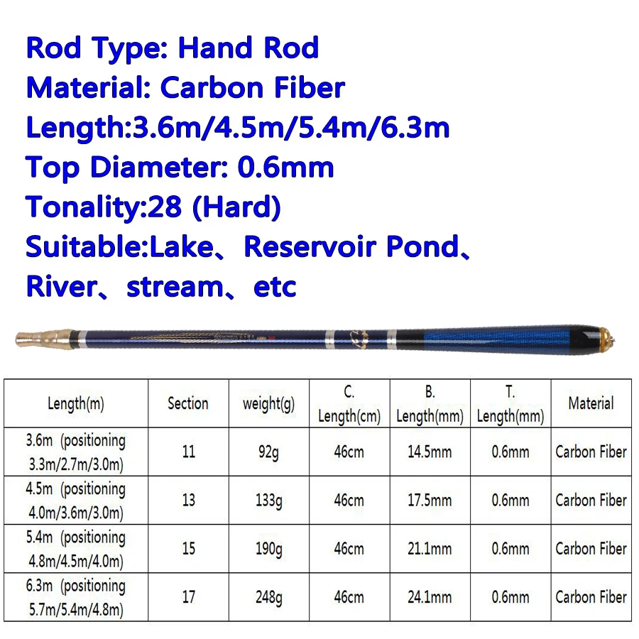 Caña de pescar de fibra de carbono ultraligera, telescópica, cuatro posiciones, 3,6 M, 4,5 M, 5,4 M, 6,3 M - imagen 5