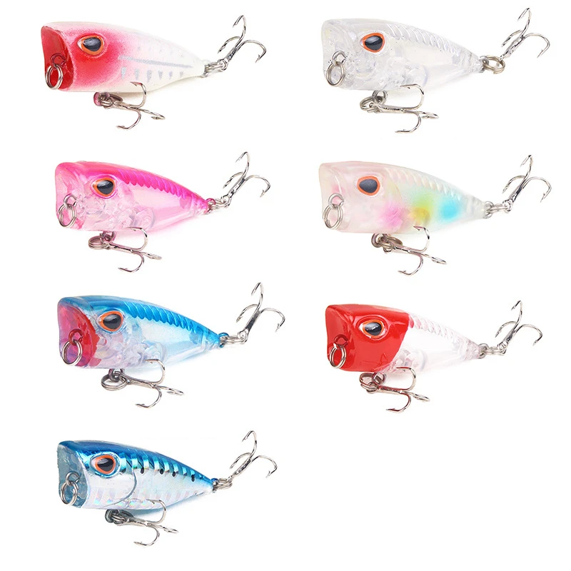 Señuelos de Pesca de 4cm/3,3g, cebo de Topwater Popper, cebo duro de 7 colores, Wobblers artificiales, aparejos de pesca de plástico con ganchos 6 # - imagen 5