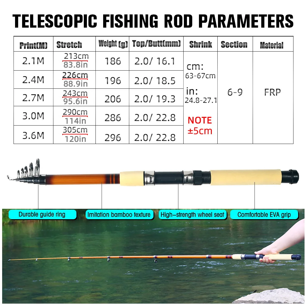 JOSBY 83.in- 120in carpa caña de pescar de difícil FRP fibra carbono caña de pescar telescópica caña de pescar 3,6 m 3m 2,7 m 2,4 de 2,1 m - imagen 2