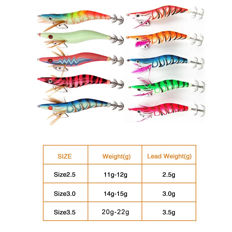 10 unids/bolsa nuevo anzuelo de calamar plantillas de madera para camarones cebo 12g-21g cebos artificiales ojos 3D luminoso sepia pulpo anzuelos señuelo de pesca - imagen 2