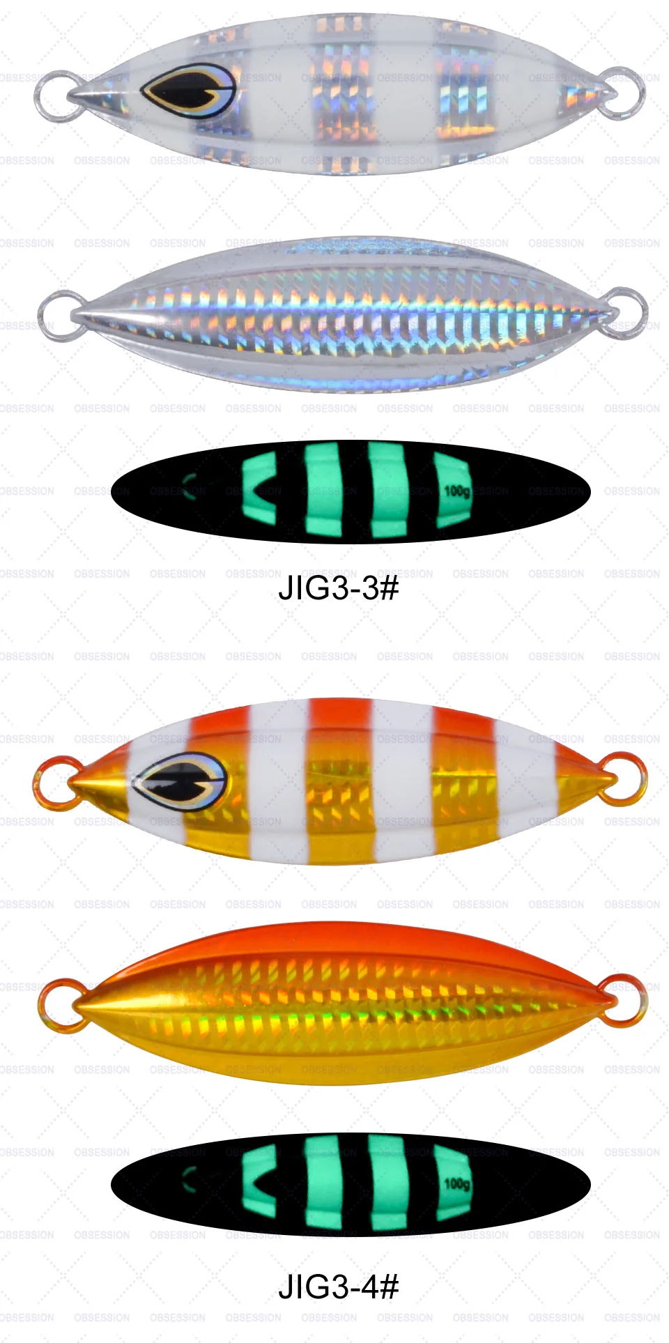Una colección de cuatro tipos diferentes de señuelos que se utilizan para pescar. Cada señuelo tiene un patrón de color y un diseño únicos, destinados a imitar la apariencia de un pez para atraer peces reales.
