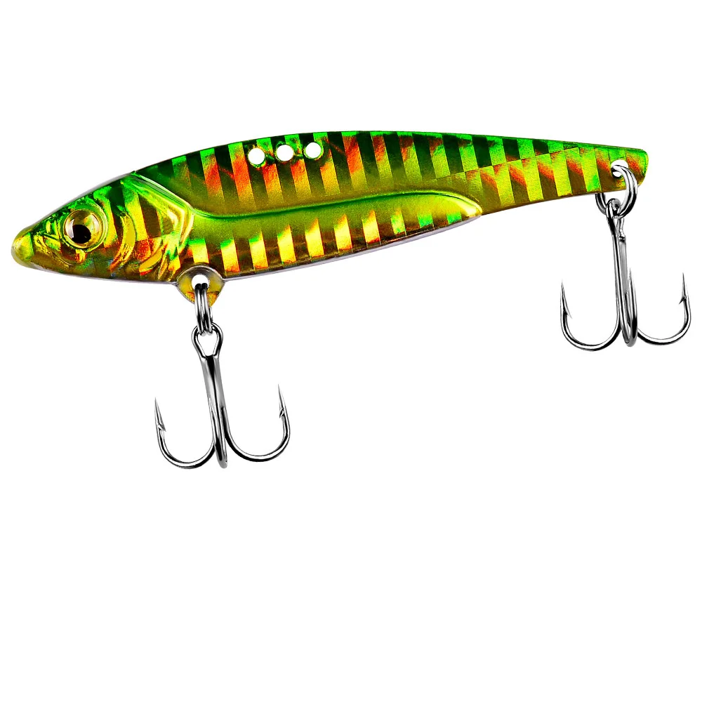 Un vibrante señuelo de pesca multicolor con tres ganchos de agudos, diseñados para una captura efectiva