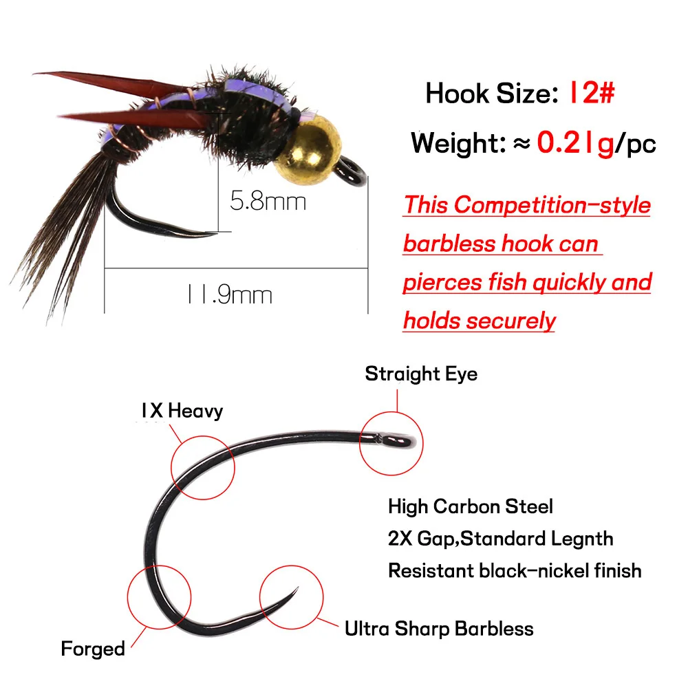 Bimoo 6PCS Brass Beadhead Flash Back Pheasant Tail Ninfas 12 # Cebos de señuelo de pesca de trucha con mosca hundimiento de alambre ponderado con gancho sin púas - imagen 4