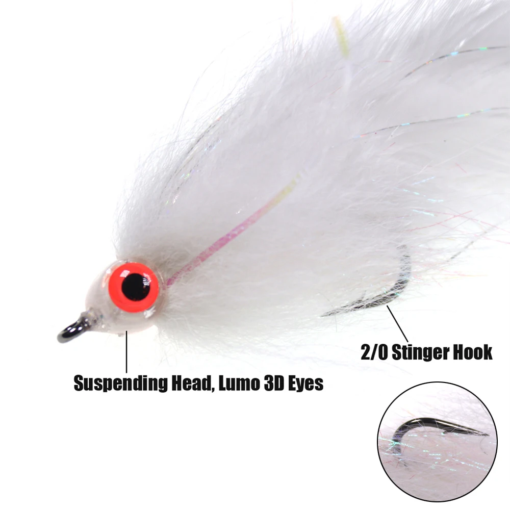 Bimoo 2/0 cabeza colgante Lumo ojos 3D serpentina blanca cebo para peces mosca para pesca de lubina Muskie Pike - imagen 2