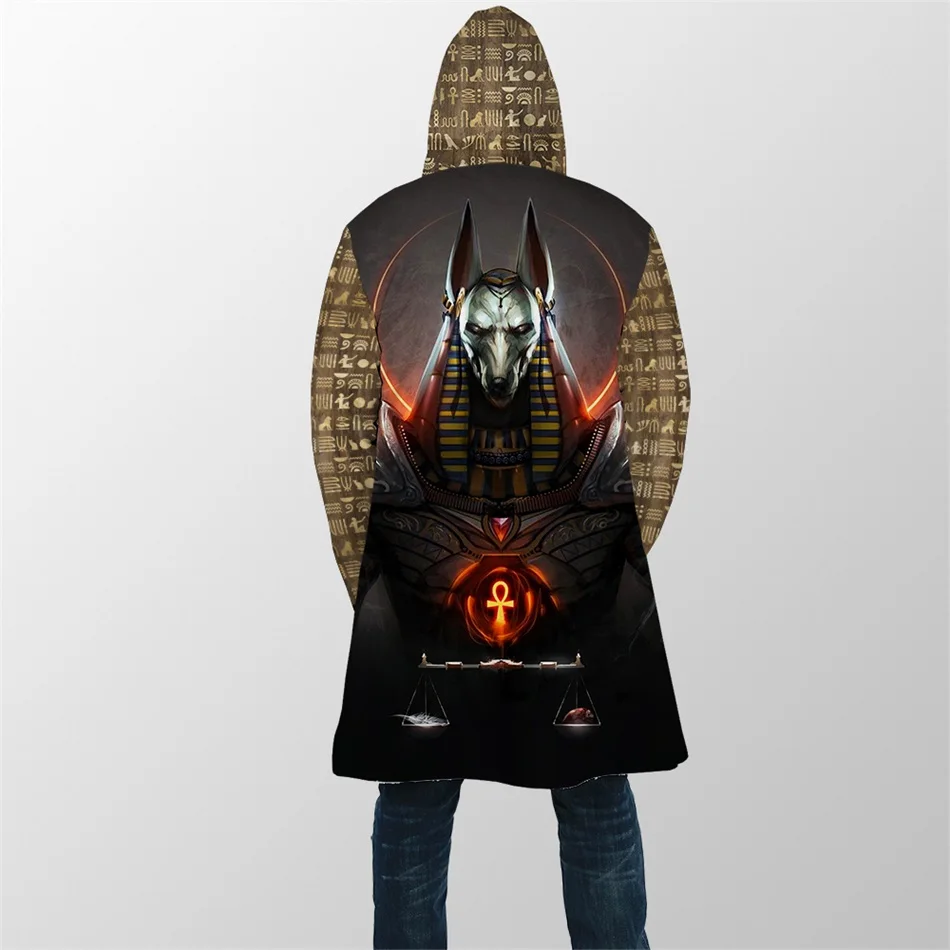 2025 capa de invierno para hombre, faraón del Antiguo Egipto, cara de Anubis, estampado 3D, Abrigo con capucha de lana gruesa, capa cálida informal Unisex DP14 - imagen 4