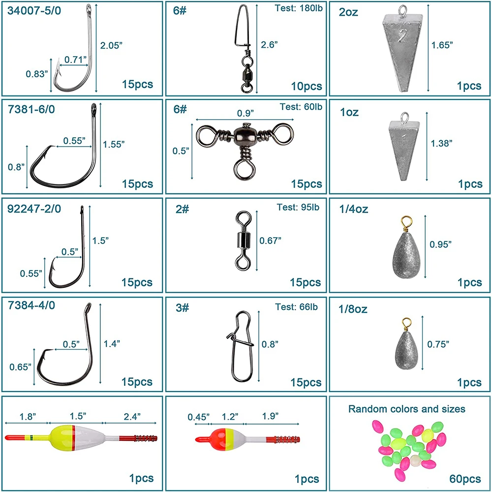 Kit de Señuelos de Pesca de agua salada, aparejos de cebo, anzuelos, señuelos giratorios de alambre, flotadores, equipo de pesca de Surf, 212 piezas - imagen 3