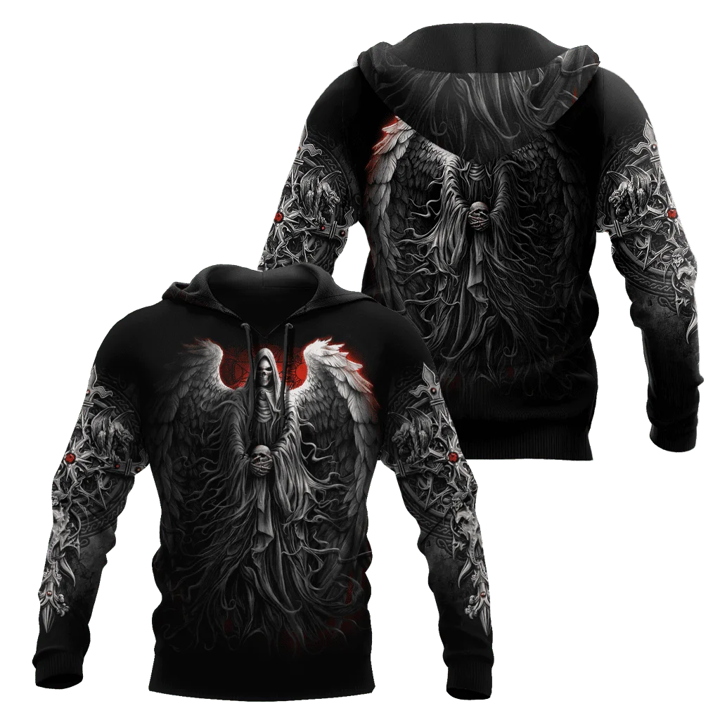 Reaper Skull With Angel Wings 3D completamente estampado Sudadera con capucha y sudadera para hombre otoño Unisex Zip sudaderas con capucha ropa deportiva Casual KJ854 - imagen 3