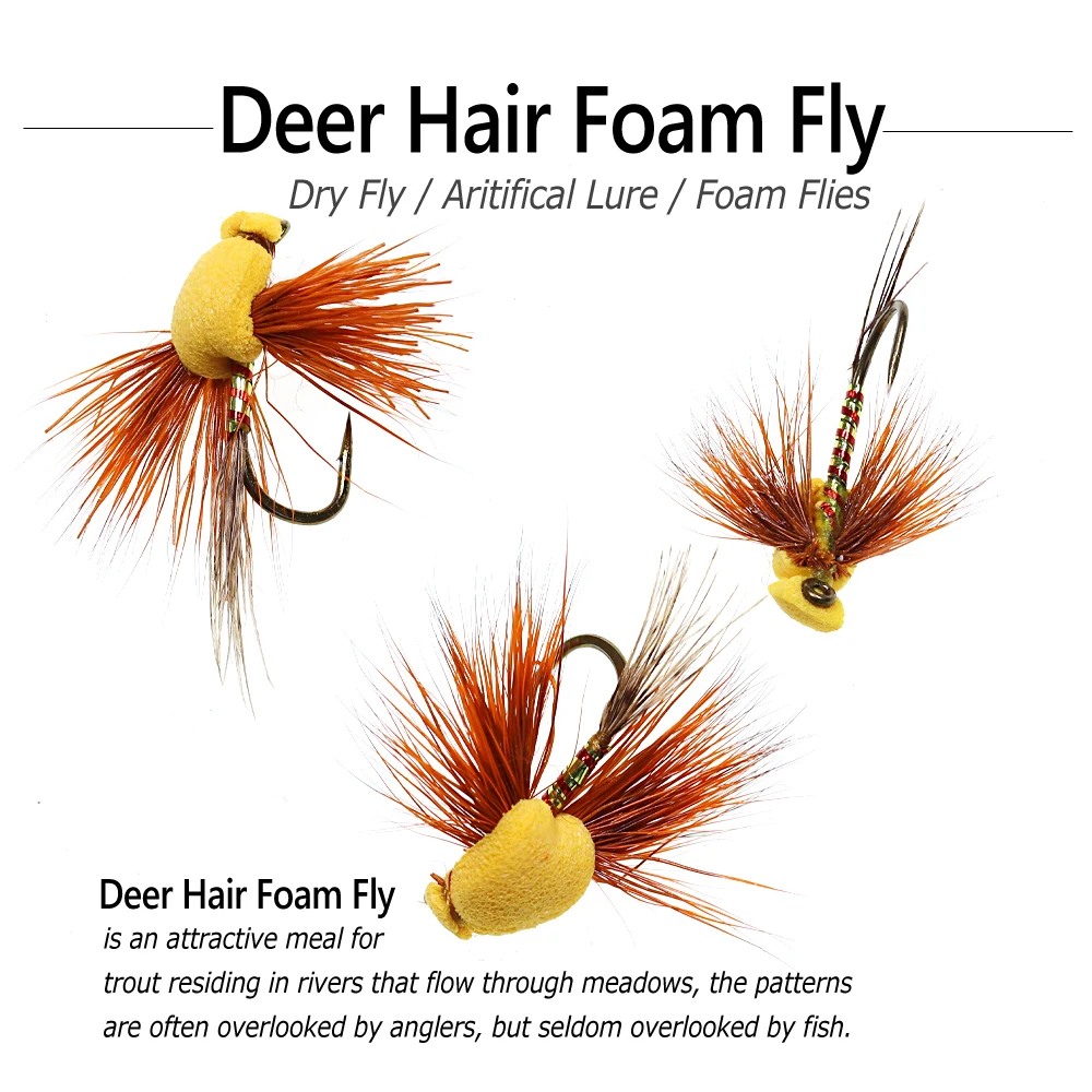 Bimoo-señuelo flotante para pesca de trucha y lubina, cebo verde de pelo de ciervo Natural, tolva trasera de espuma, 6 piezas, n. ° 12, N. ° 14 - imagen 2