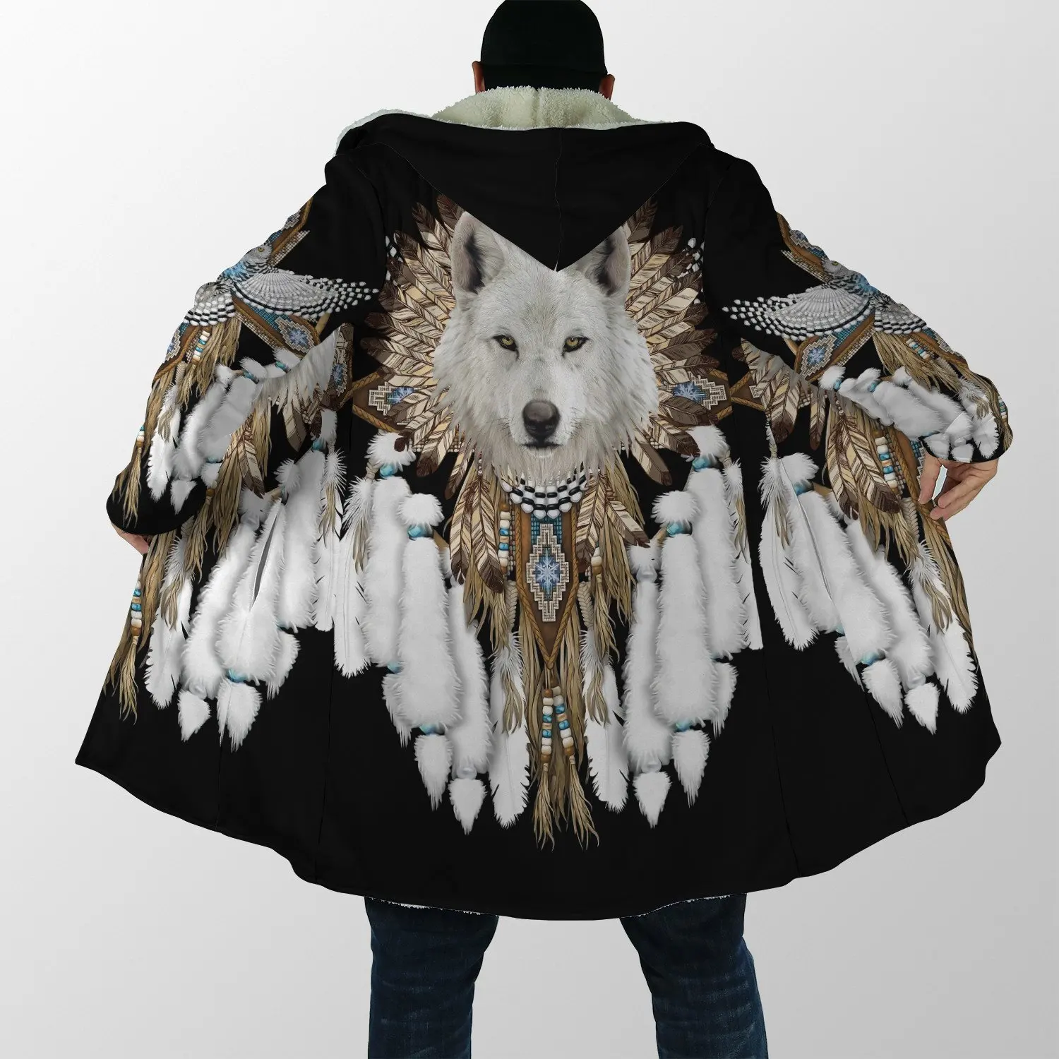 Abrigo invernal con capucha de lana y estampado tribal lobo - imagen 2