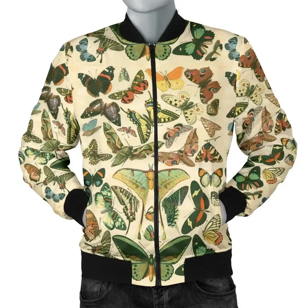 Chaqueta Bomber cálida para hombre con estampado 3D de insectos y flores, prendas de vestir gruesas de invierno con bolsillo de manga larga, chaqueta informal Retro Unisex con cremallera - imagen 3