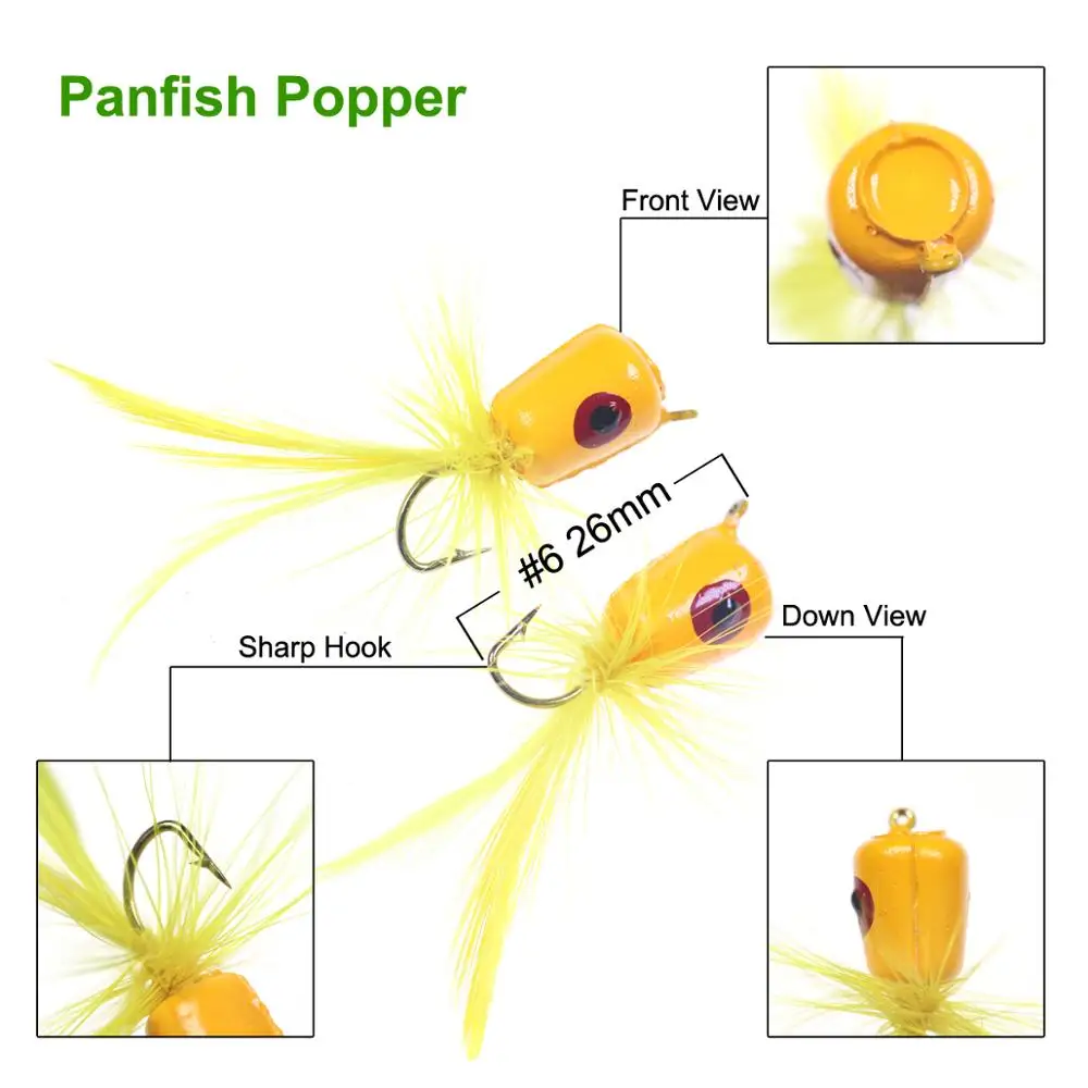 Bimoo 10 piezas # 6 Topwater Panfish Popper Pesca con mosca Poppers Cebo artificial Blanco Rojo Negro Marrón Naranja Amarillo - imagen 2