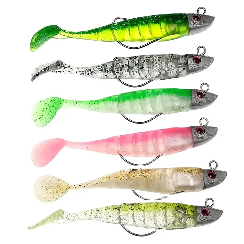 Señuelo falso Jigging cebo blando Señuelos de pesca 9/11cm 15,6/23,3g DIY cabeza Jig pez cola en T señuelo de lubina aparejos de pesca 6 colores