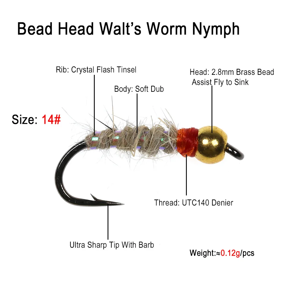ICERIO-Cabeza de cuentas de latón para pesca de trucha, 8 piezas, 14, Walt, ninfa, Caddis Larva, señuelo - imagen 2