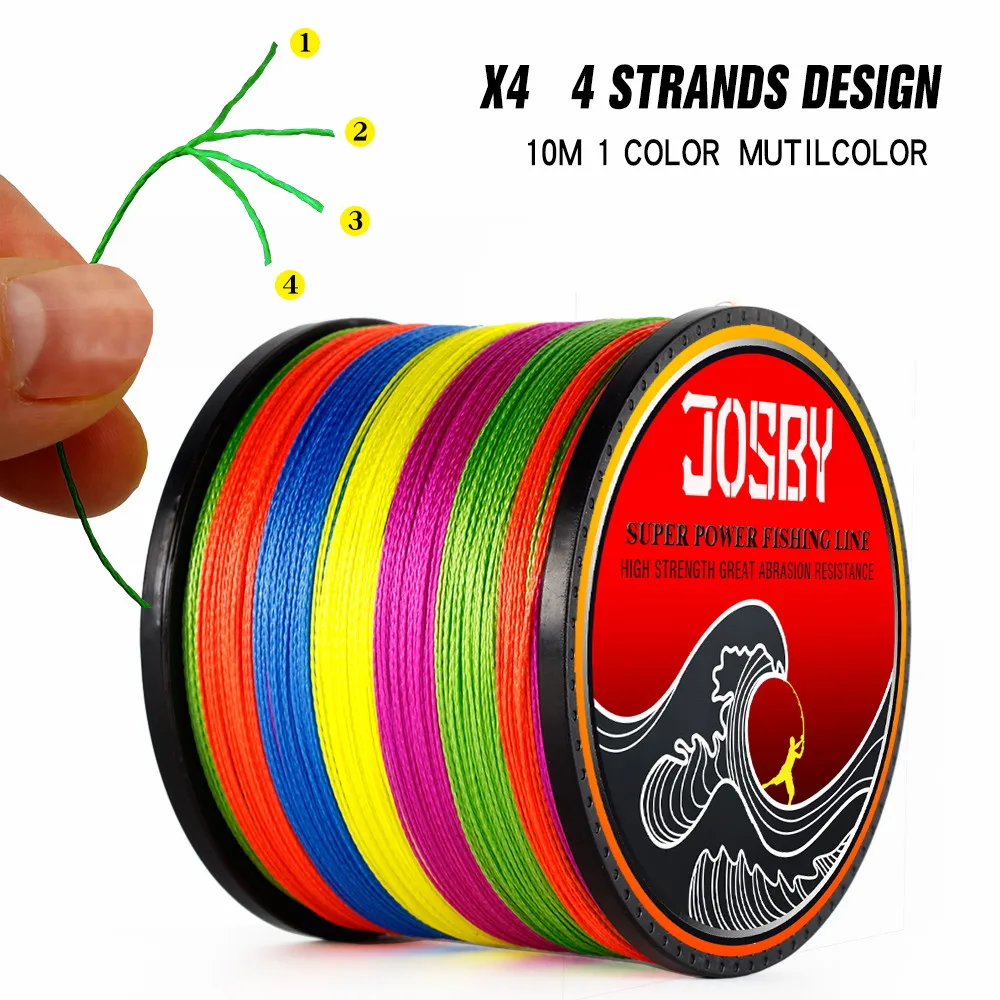 Un carrete de hilo de pescar con un diseño colorido. El carrete tiene varios colores de hilo de pescar enrollado y parece tener un diseño de 4 hebras, que es un tipo de construcción de hilo de pescar que puede ofrecer mayor resistencia y resistencia a la abrasión.