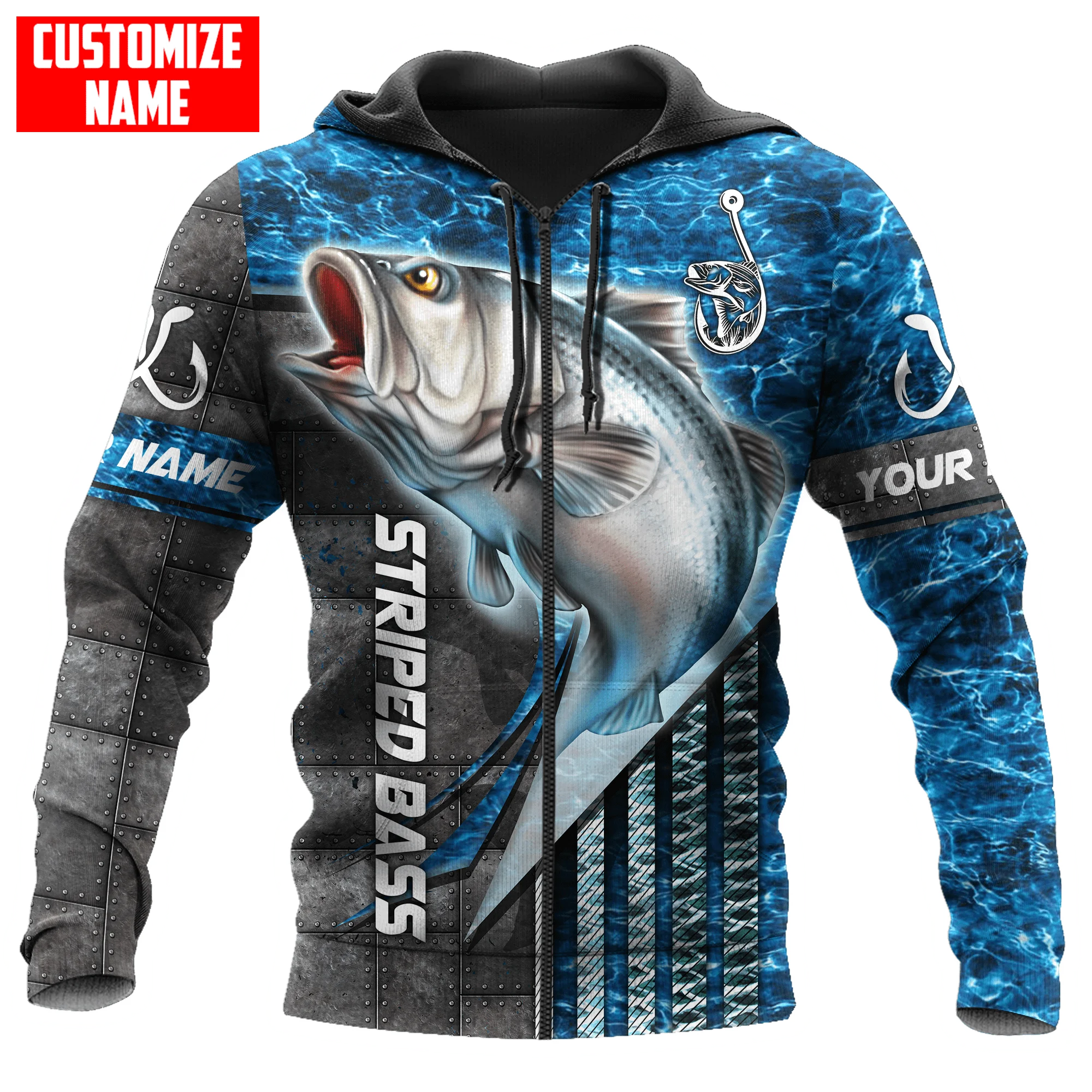 Nombre personalizado pesca de lubina a rayas 3D completamente estampado Sudadera con capucha y sudadera para hombre otoño Unisex Sudadera con capucha con cremallera ropa deportiva Casual KJ838 - imagen 3