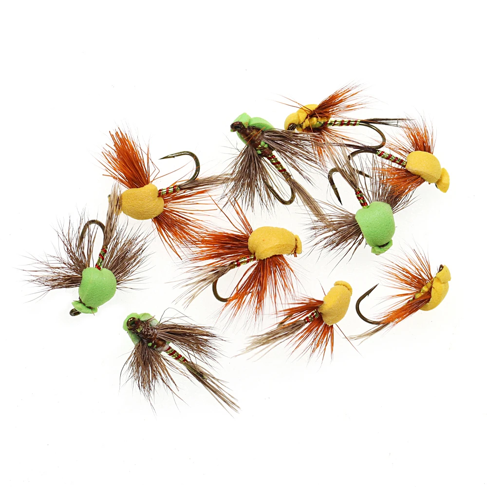 Bimoo 6PCS # 12 # 14 moscas de espuma de pelo de ciervo, pesca de lubina, trucha, mosca seca flotante, cebos artificiales, verde, amarillo - imagen 4