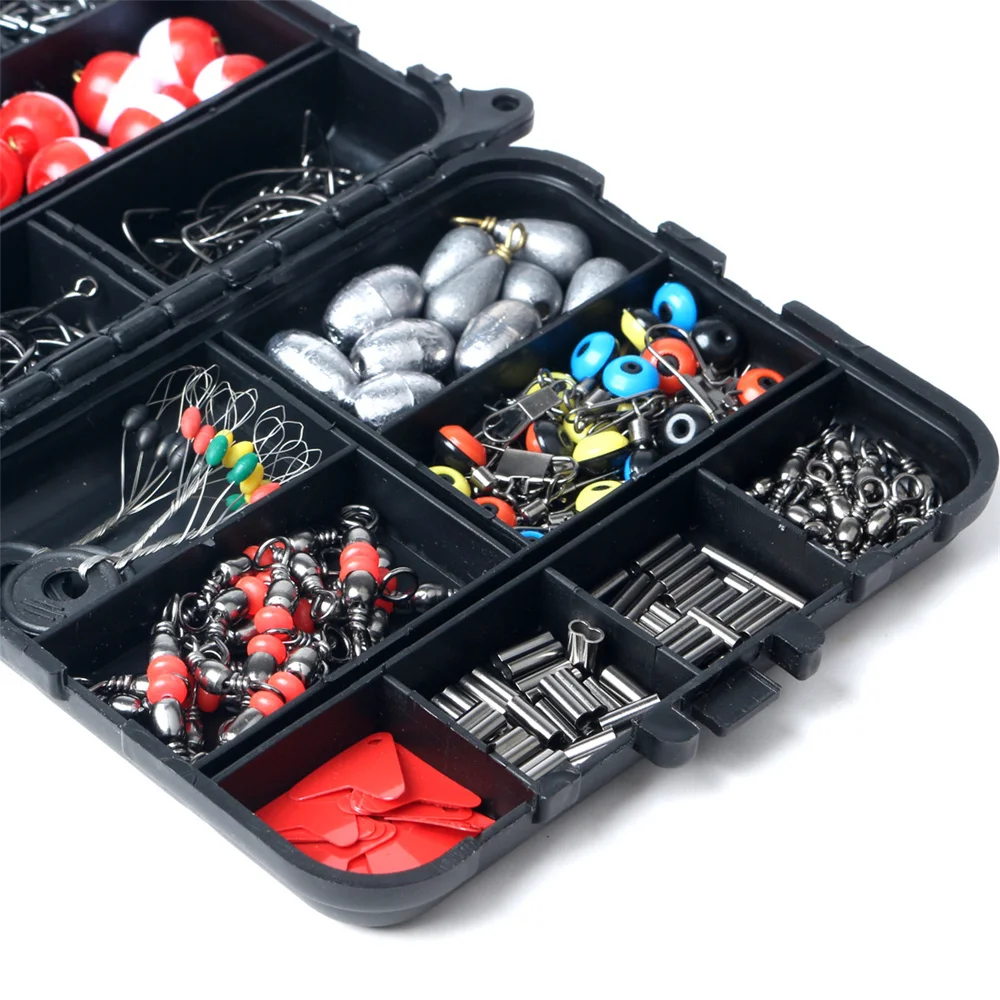 263 unids/set Kit de accesorios de pesca que incluye anzuelos, balas, lubina, pesas giratorias, broches, diapositivas, caja de aparejos