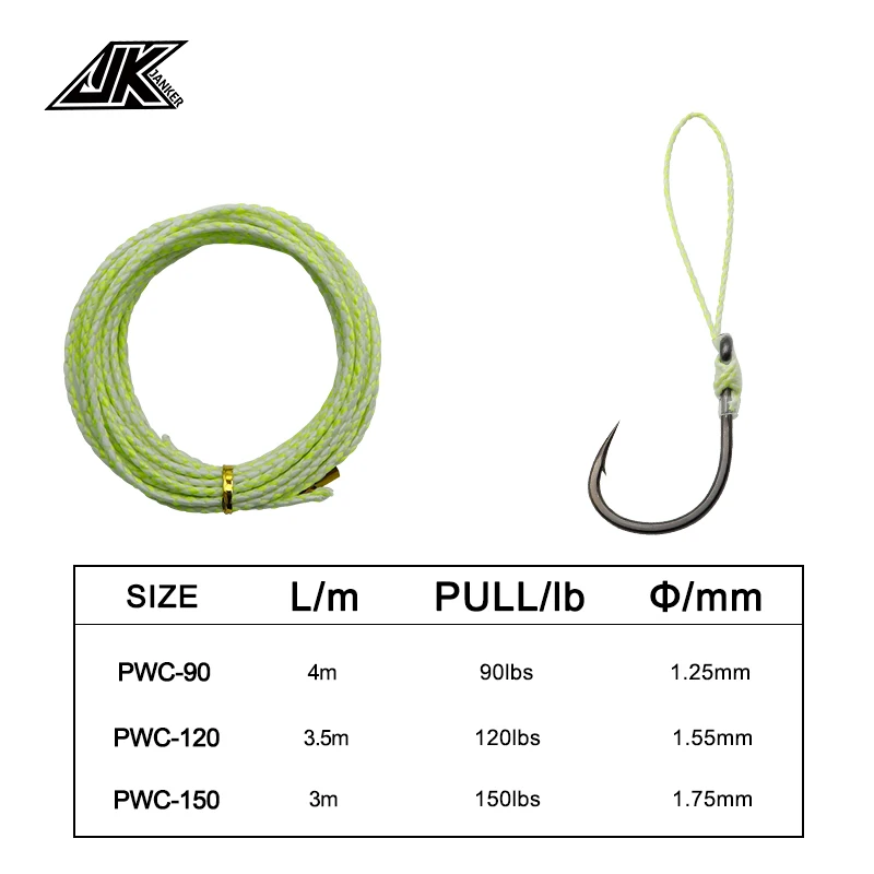 Línea de asistencia de PE luminosa JK 90/120/150LB 7*7 núcleo de alambre de acero inoxidable barra de refuerzo alta más fuerte 8 hebras línea de pesca trenzada verde