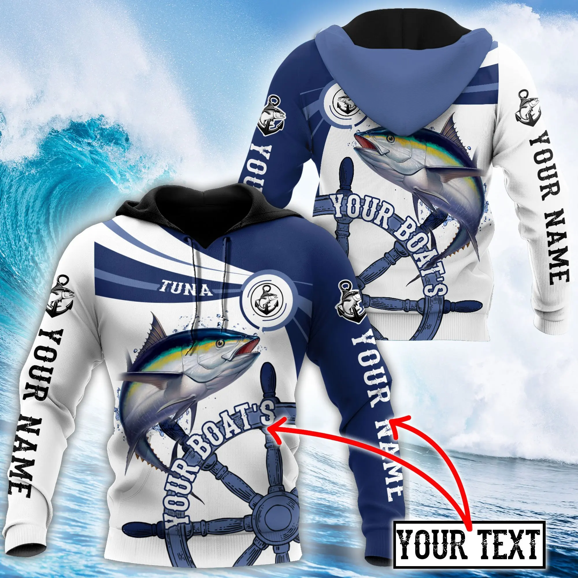 Nombre personalizado equipo de barco de pesca de atún impresión 3D Sudadera con capucha y sudadera para hombre otoño Unisex Sudadera con capucha con cremallera chándales casuales KJ774 - imagen 2