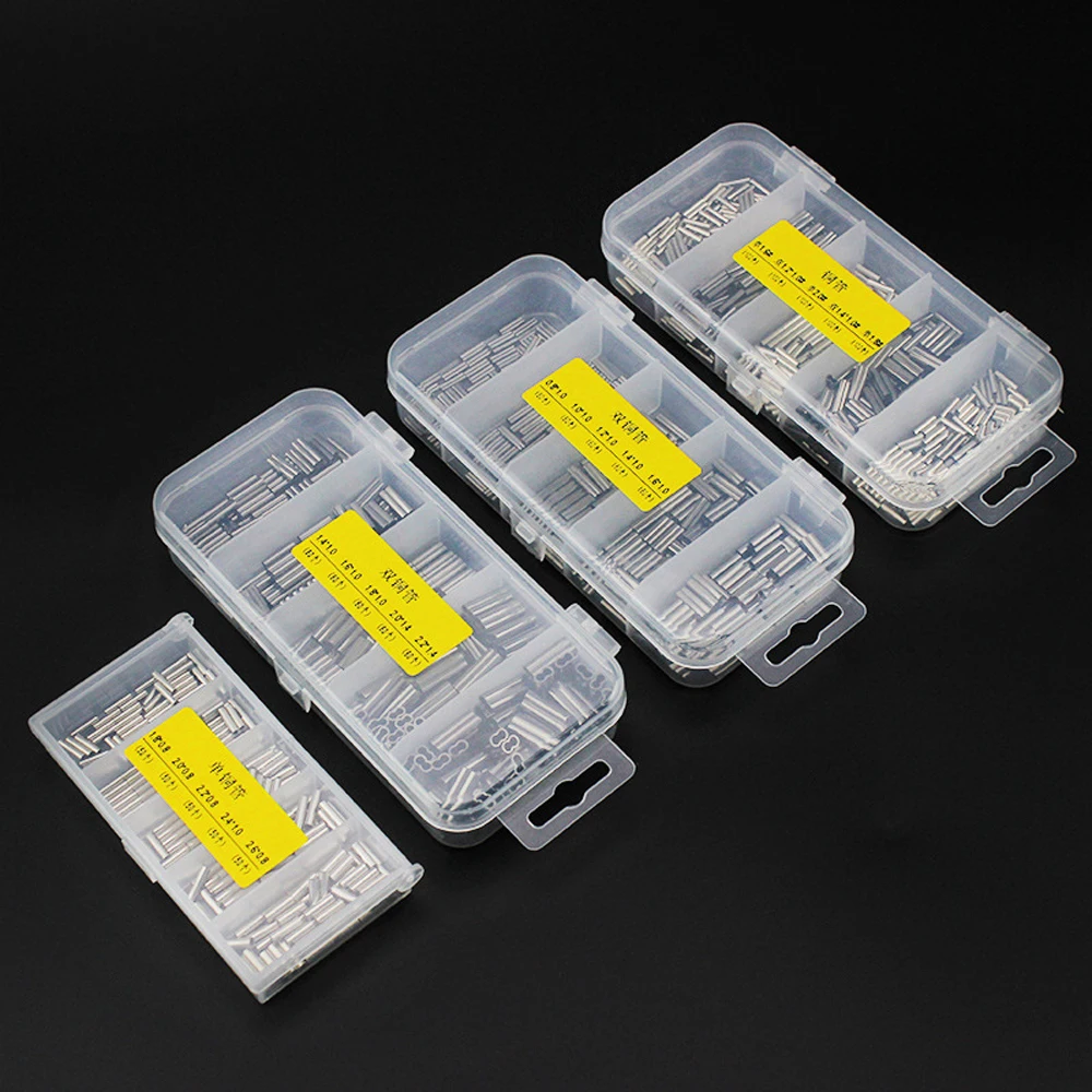 Manguitos de prensado de barril simple/doble, líder de alambre de línea de pesca, conectores de tubo de cobre redondo, tubos de cobre mezclados, 300-500 unids/lote por caja - imagen 5