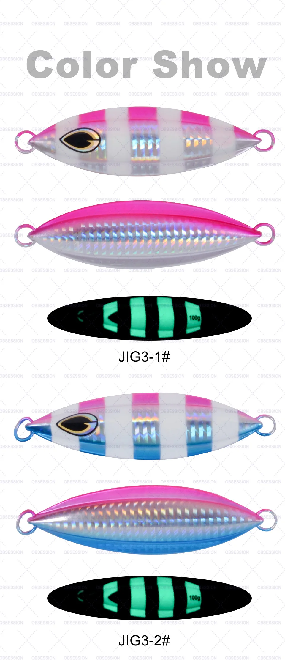 Una colección de señuelos de pesca, específicamente un tipo de señuelo conocido como señuelo Color Show. Estos señuelos están diseñados para tener un efecto de cambio de color, probablemente debido al uso de materiales iridiscentes o un revestimiento especial que refleja la luz de manera diferente según el ángulo.