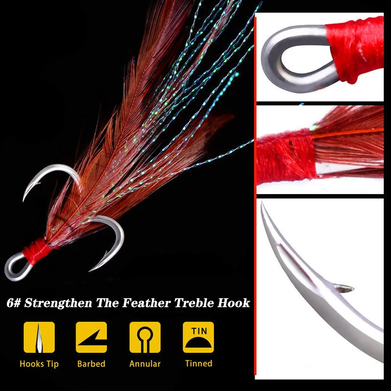 Un señuelo de pesca con anzuelo triple. El anzuelo está diseñado con una pluma roja envuelta alrededor, lo que probablemente tiene como objetivo agregar atractivo visual y atraer peces. El señuelo también está equipado con un anzuelo plateado y un giratorio rojo, que se utiliza para sujetar el señuelo al hilo de pescar.