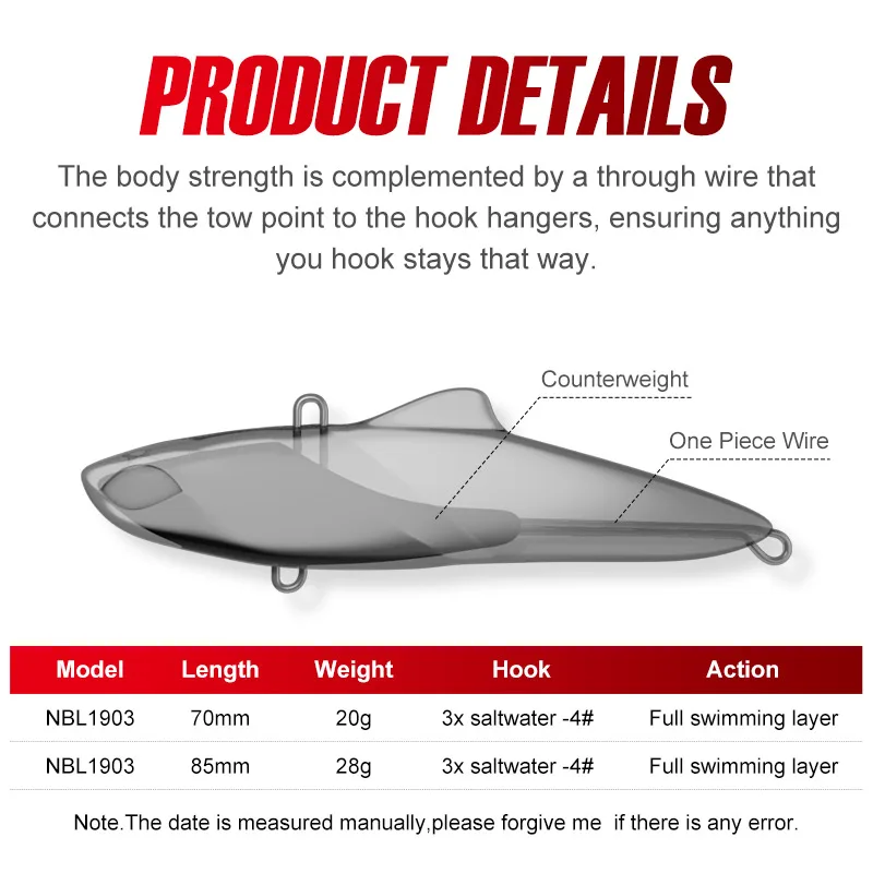Noeby-señuelos de pesca con hoja vibratoria, 70mm, 20g, 85mm, 28g, Crankbait sin labios, cebo duro Artificial para pesca en agua salada - imagen 3