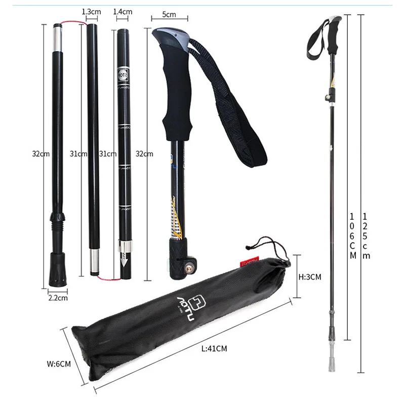 Bastón de 5 secciones, muleta plegable de aleación de aluminio 7075, telescópica de 106-125CM, mango EVA, para escalada de montaña al aire libre, Camping y senderismo - imagen 3