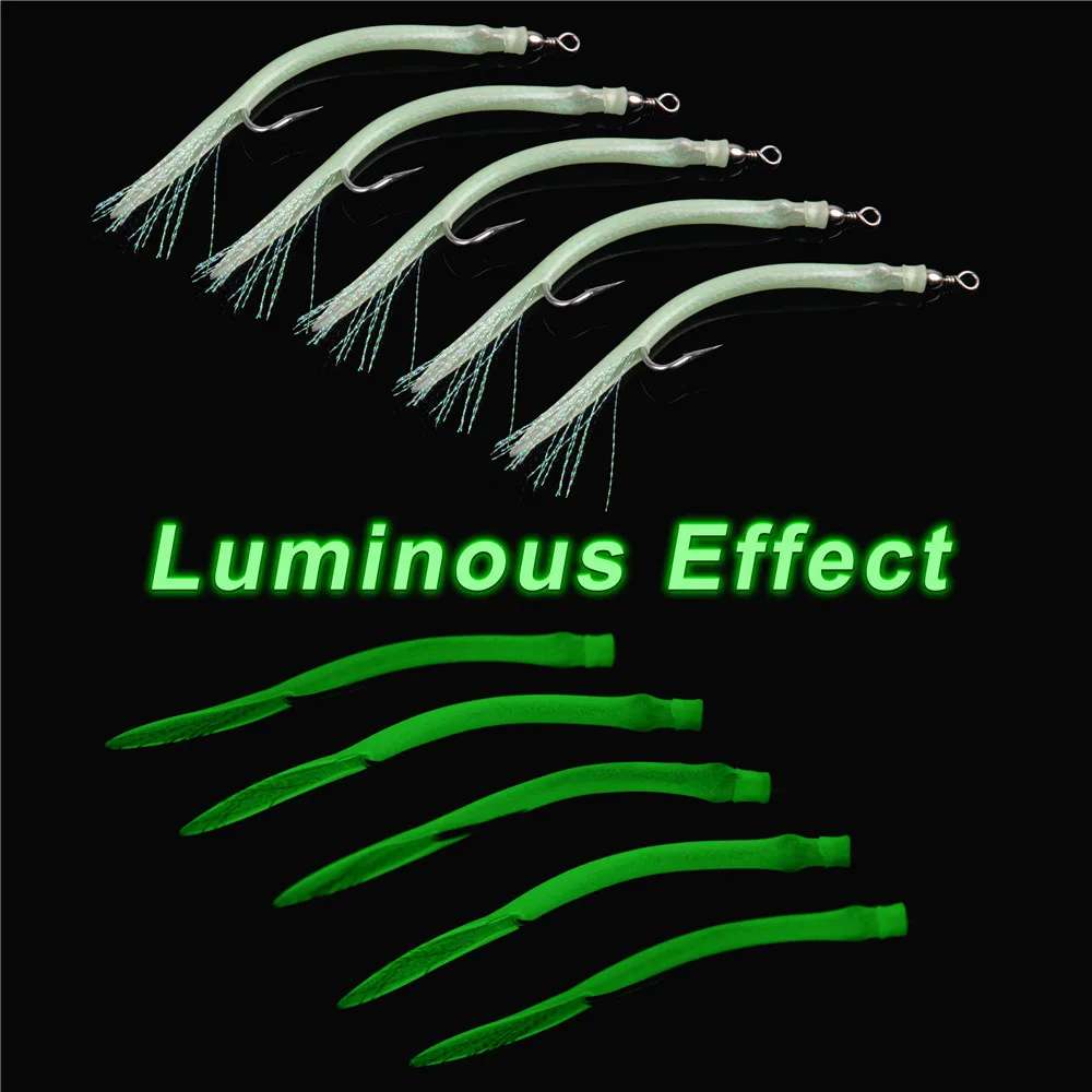 Anzuelos de pesca de caña larga, señuelo de pesca de lubina a rayas, anzuelo offset de Anguila de arena, tubo de silicona luminoso, aparejos de cebo Flash Cod Teaser, 6 uds. - imagen 4