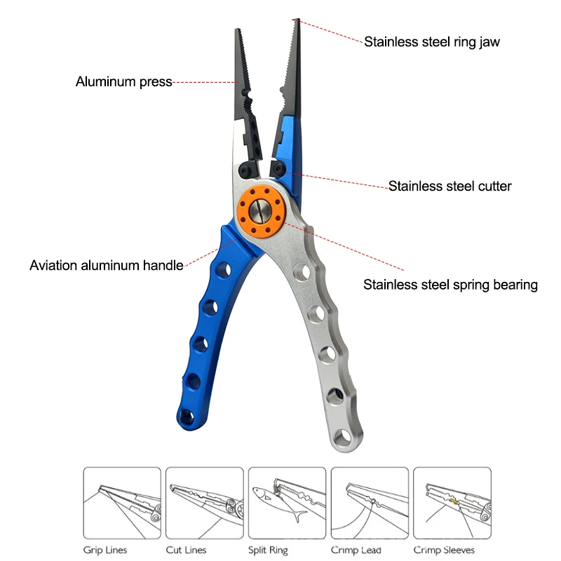 Herramientas de pesca de aleación de aluminio, alicates de pesca, juego de agarre de labios, removedor de anzuelos, cortador de línea, pinzas de anillo dividido - imagen 3