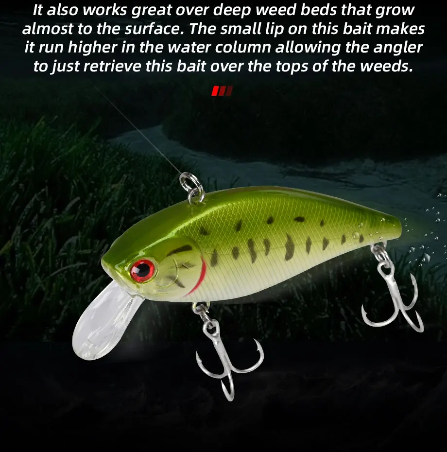 Este cebo está diseñado para la pesca de aguas profundas, lo que permite a los pescadores recuperarlo sobre lechos de malezas de manera efectiva