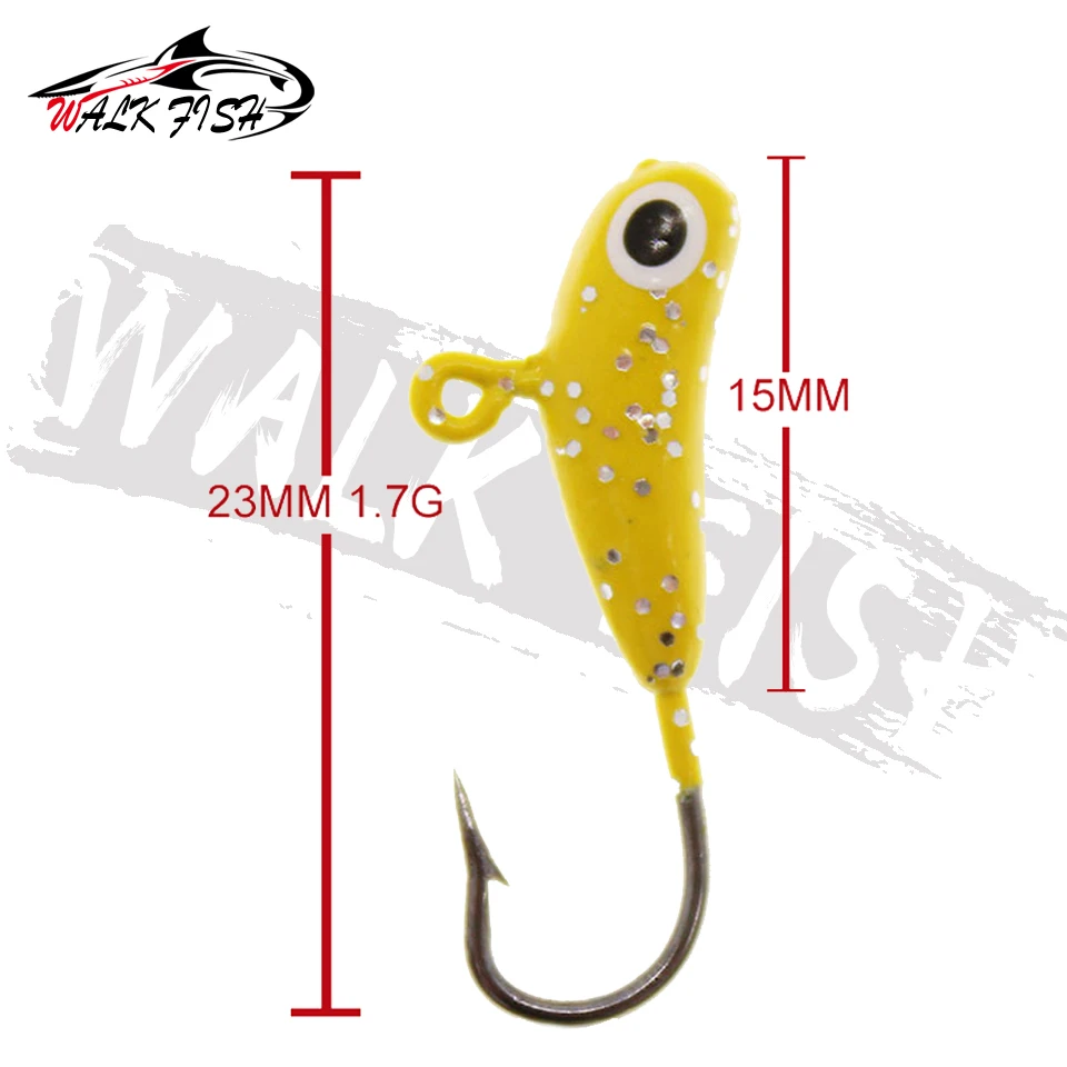 WALK FISH-señuelos de pesca en hielo, 4 piezas, 23mm/1,7g, 4 colores, cuatro conjuntos, nueva forma de plátano, Mini anzuelo de pesca de plomo para invierno - imagen 4