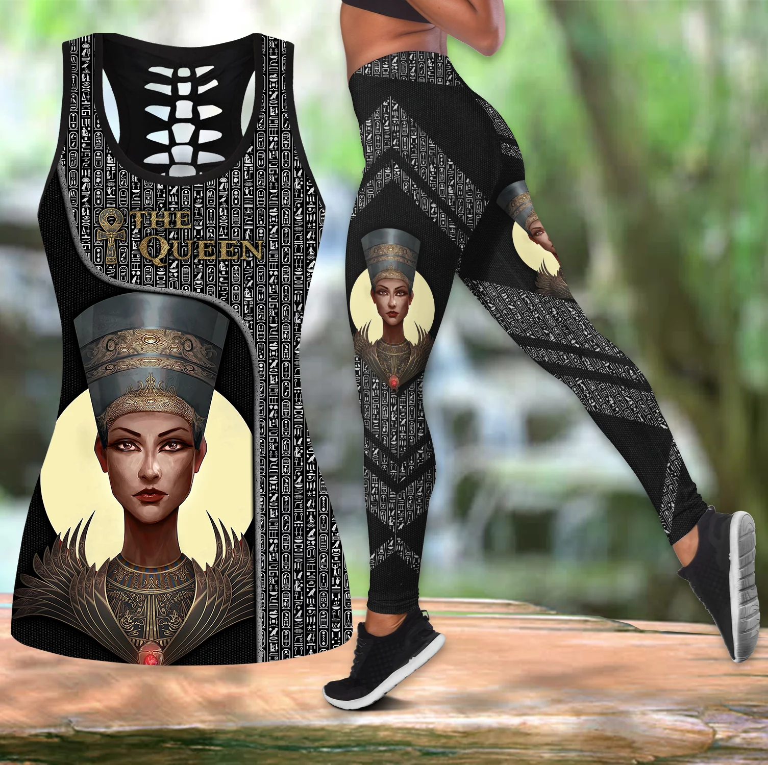 La reina del Antiguo Egipto 3D impreso hueco camiseta sin mangas y Leggings conjunto Fitness mujer mallas de longitud completa pantalones de Yoga LKB-24 - imagen 4