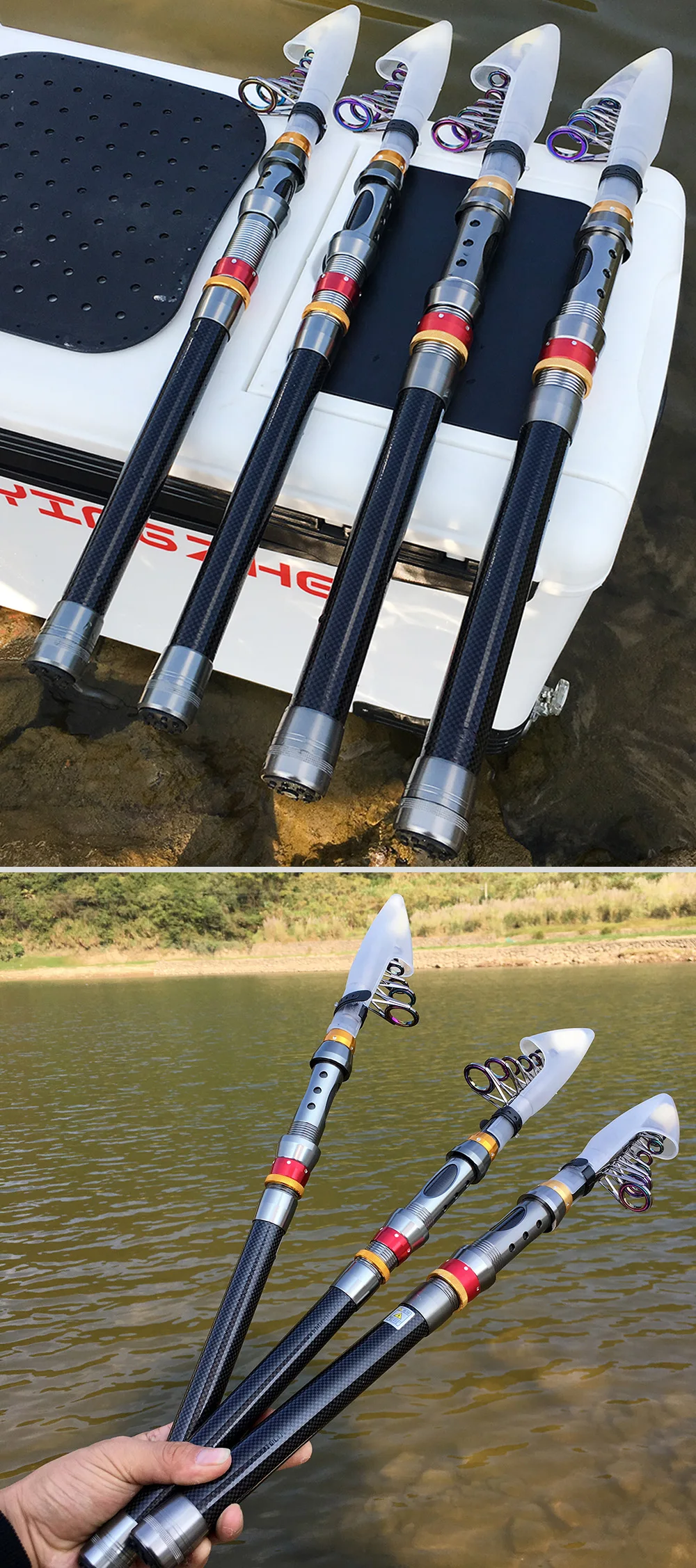 Un juego de remos para embarcación de remos, específico para scull simple o doble scull. Los remos están hechos de fibra de carbono, que es un material ligero y resistente que se utiliza habitualmente en los equipos de remo.