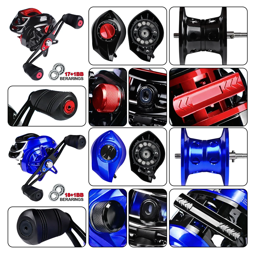 PROBEROS-carrete de pesca Baitcasting, disponible en Color azul y rojo, 18 + 1 rodamientos de bolas, 10KG, rueda derecha e izquierda, nuevo - imagen 5