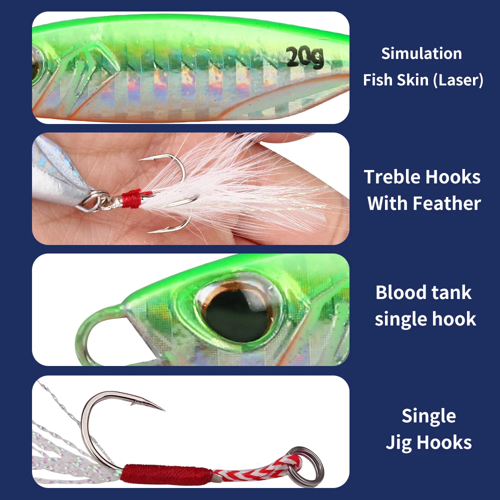 FTK 10g 20g 30g 40g Micro Jig señuelo de pesca anzuelo de asistencia ojos 3D Metal Jigging pesca en el mar cebo Artificial duro anzuelo triple - imagen 4