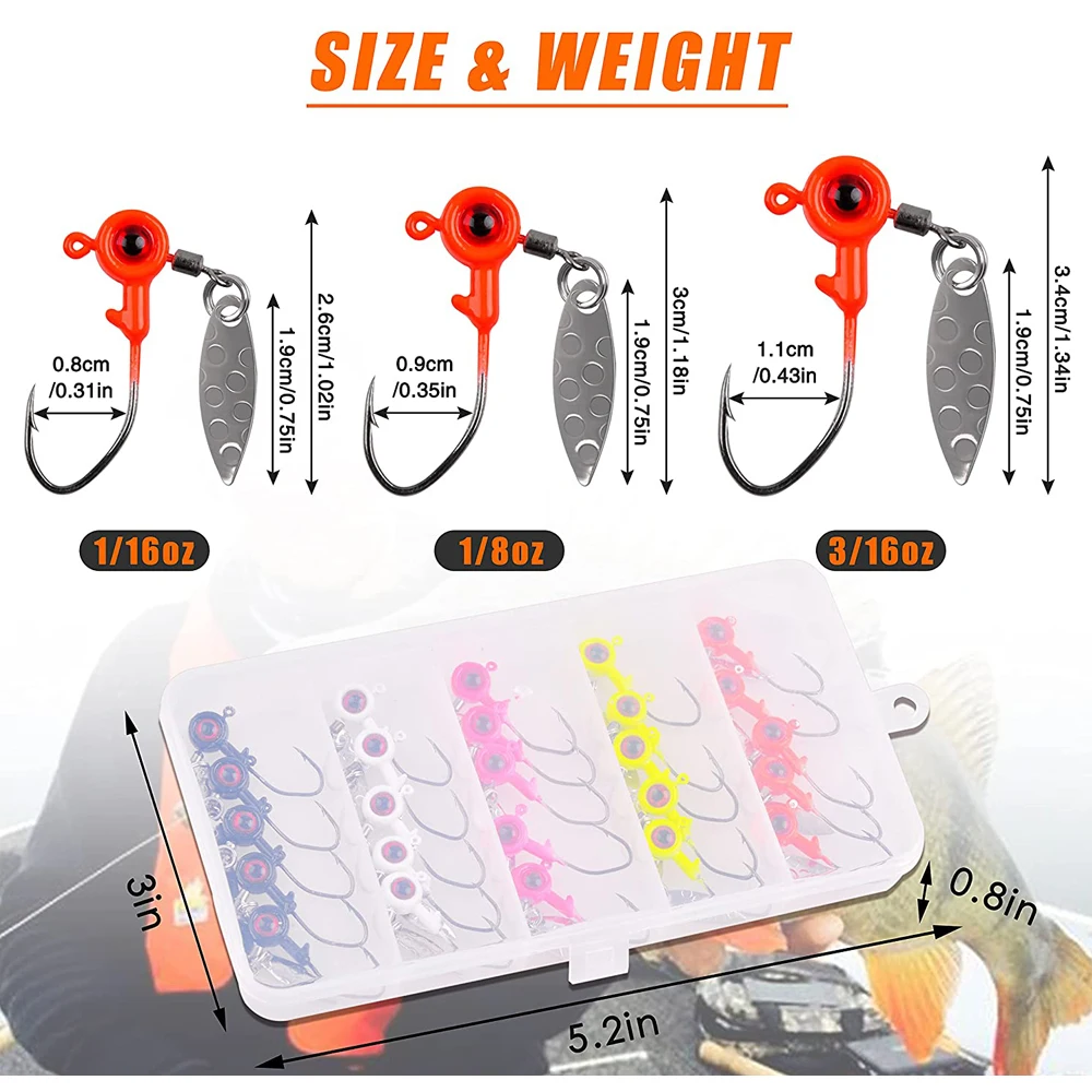Anzuelo de cabeza de plantilla de manivela, cebo de pesca con cuchara de sauce, cebo de hoja giratoria para lubina, trucha, 1/16oz, 1/8oz, 3/16oz, 25 unids/lote por caja - imagen 2
