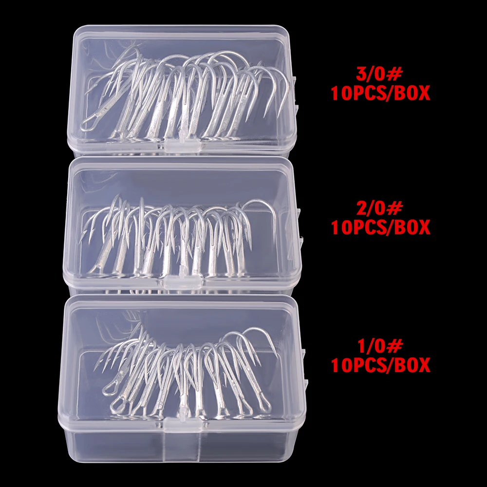 Anzuelo triple de pesca de Color blanco, aparejos de pesca antióxido superllamativos 1/0 #2/0 #3/0 #, anzuelo triple de acero al carbono, 10 unids/caja - imagen 4