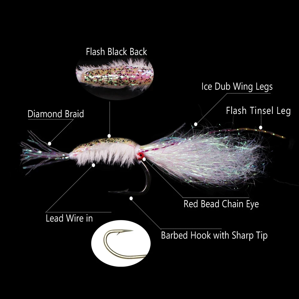 Bimoo 7PCS # 4~ # 16 Flash luminoso camarones de agua salada mosca fregadero rápido camarones señuelos trucha salmón Redfish Señuelos de pesca de agua dulce cebo - imagen 2