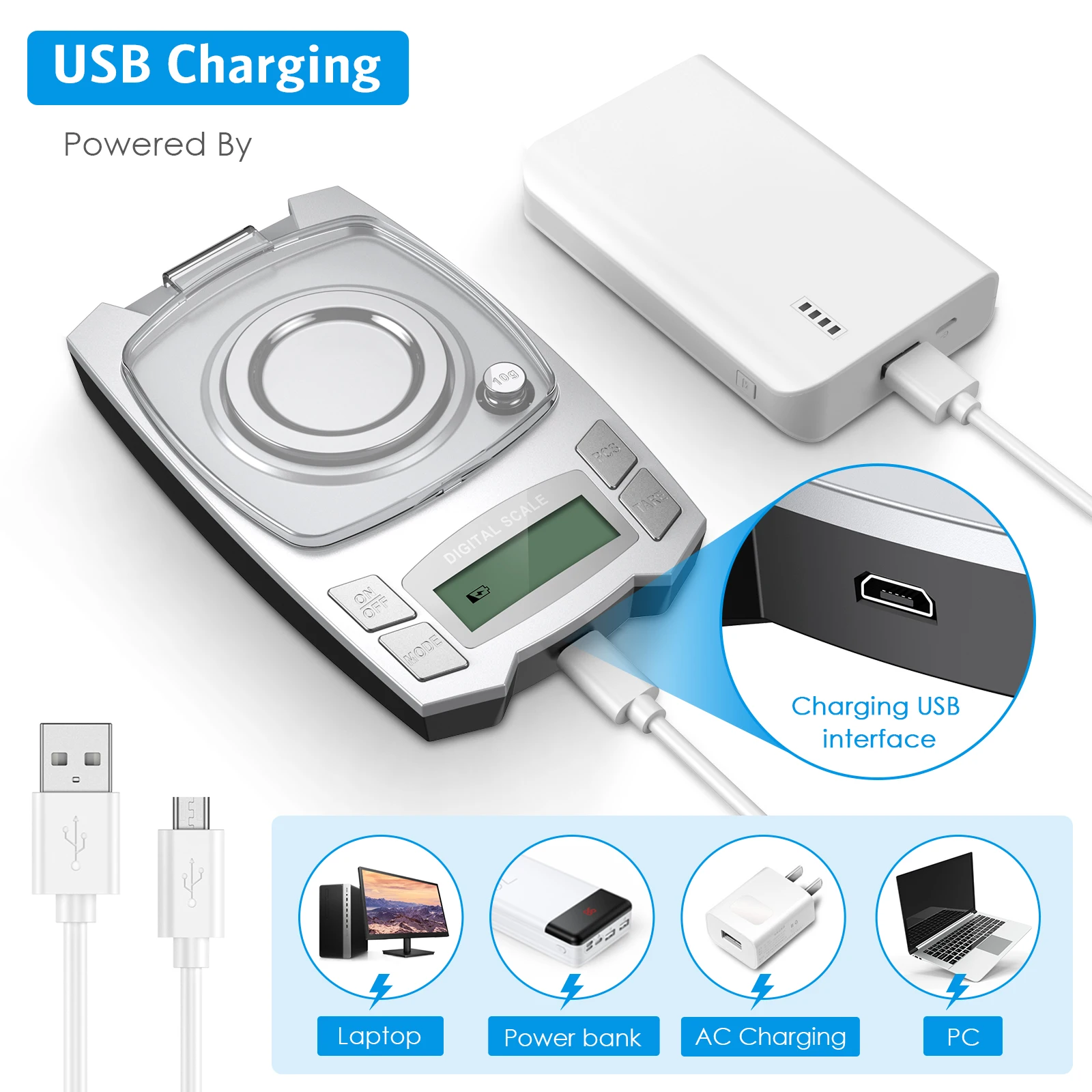 Báscula digital de precisión 0,001g – Portátil recargable USB - imagen 2