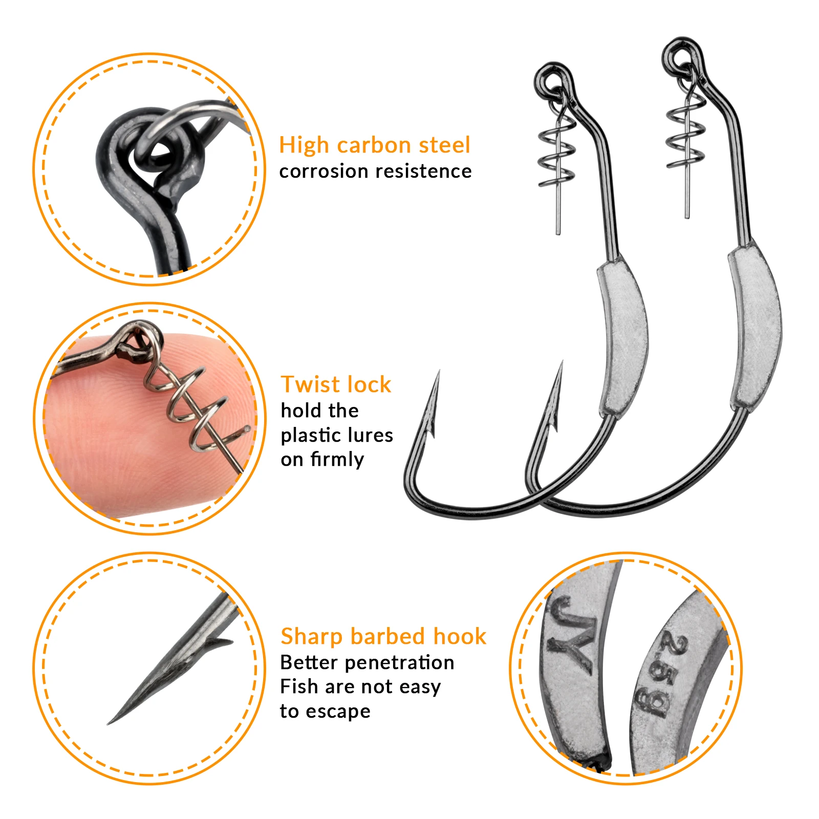 Anzuelos de pesca con cabezal de manivela sin malezas, anzuelo de pesca con pasador de bloqueo de resorte, anzuelo de púas compensado de gusano suave, aparejos de Texas, 10 Uds. - imagen 4