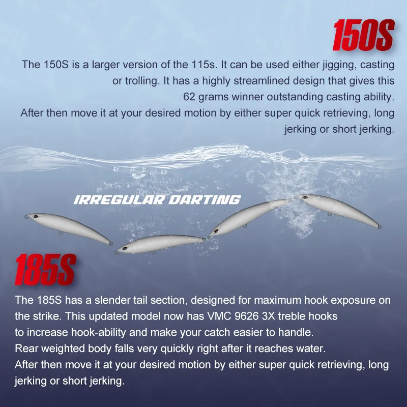 Noeby Stickbait-señuelo de pesca que se hunde, 115mm, 60,5g, 150mm, 62g, 185mm, 126,5g, cebo Artificial para pesca de atún en agua salada - imagen 5