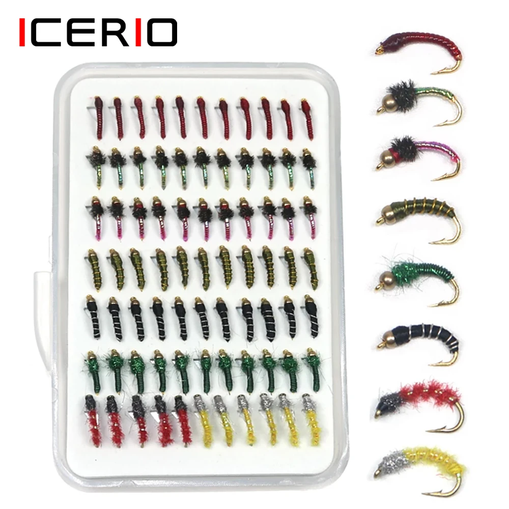 ICERIO-señuelo de pesca con mosca de trucha, cebo portátil en caja, Nymph, Scud, Midge, 77 unidades por juego