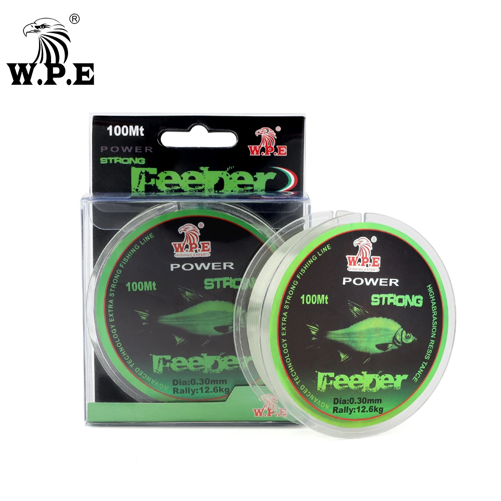 Línea W.P.E mostrando su diseño de nailon y 100m para pesca efectiva
