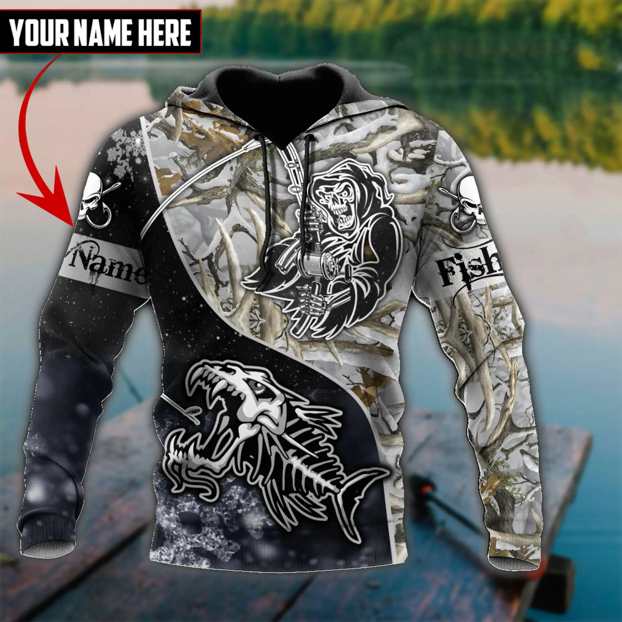 Nombre personalizado pesca cráneo hielo Camo pesca 3D impreso hombres Sudadera con capucha y sudadera otoño Unisex Zip Sudadera con capucha ropa deportiva Casual KJ843 - imagen 2